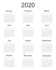 2020 New year vector calendar in minimal simple style on white background. Week starts in Sunday, twelve month calendar in one. Work and holiday events planner, block-almanac mockup or template