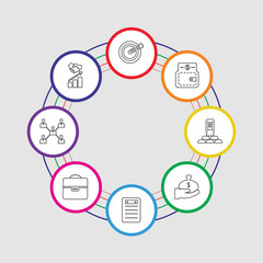 8 colorful stroke icons set included growth, organization, briefcase, clipboard, investment, gold ingot, wallet, target