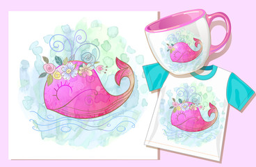 Cute pink whale with flowers. Type of application on t-shirt and mug. Watercolor. Vector.