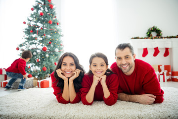 Portrait of nice attractive lovely idyllic sweet peaceful cheerful dreamy affectionate family...