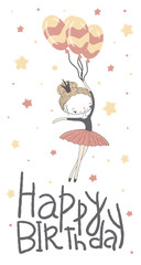 Girl ballerina with a ribbon in her hair holds balloons in her hand.