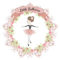 Little cute ballerina princess of the ballet. Decorative circle floral frame and ribbon with the inscription Little Ballerina.