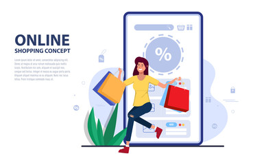 Customer shopping online promotion code for discount on mobile application. Web landing page template design.