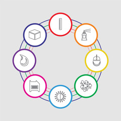 8 colorful stroke icons set included cube, paint drop, diskette, brightness, splash, mouse, paint spray, ruler