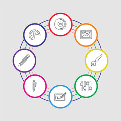 8 colorful stroke icons set included paint palette, pencil, pen, graphic tablet, settings, pen, image, compact disc