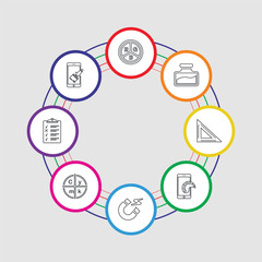 8 colorful stroke icons set included paint brush, clipboard, cmyk, magnet, paint palette, set square, ink, rgb