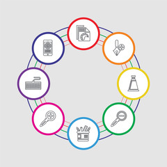 8 colorful stroke icons set included colours, keyboard, zoom in, pencil case, zoom out, paint tube, pen, file