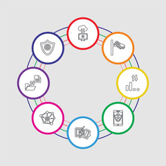 8 colorful stroke icons set included security, file transfer, network, broken, privacy, low, cctv, cloud computing