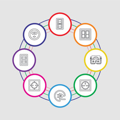 8 colorful stroke icons set included socket, socket, socket, wire, voltmeter, switch,