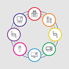8 colorful stroke icons set included macintosh, cable, usb, television, television, charger, game console, typewriter