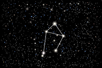 Vector illustration of the zodiac constellation Libra (balance) on a starry black sky background. 