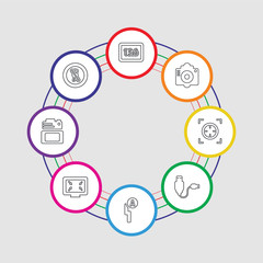 8 colorful stroke icons set included flash off, camera screen, screen grid, auto flash, usb cable, focus, old camera, camera big screen size