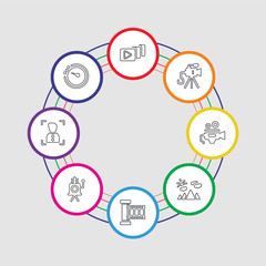 8 colorful stroke icons set included camera timer, portrait, old camera, film roll, scenic, video camera, old video video file list