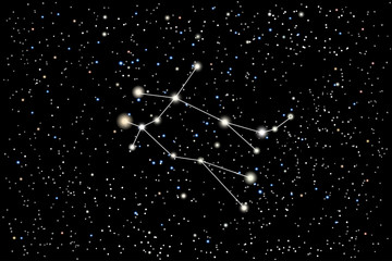Vector illustration of the zodiac constellation Gemini (Twins) on a starry black sky background. The astronomical cluster of stars in the constellation in the northern celestial hemisphere.  © dore art