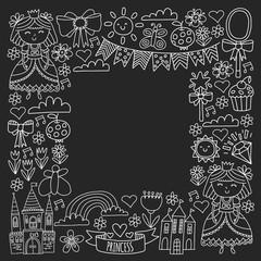 Vector pattern for little girls. Princess illustration for happy birthday party.