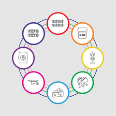 8 colorful stroke icons set included fence, radish, wheelbarrow, cheese, rain, flower, honey, basket