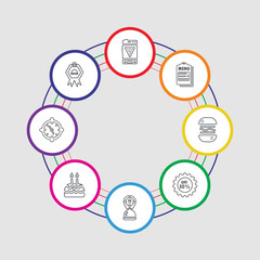 8 colorful stroke icons set included guarantee, preparation, cake, location, discount, burger, menu, mobile app