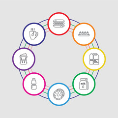 8 colorful stroke icons set included tea, popcorn, yogurt, doughnut, milk, take away, eggs, hot dog