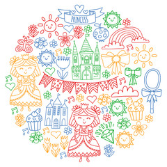 Vector pattern for little girls. Princess illustration for happy birthday party.