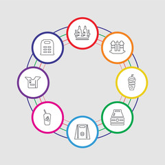 8 colorful stroke icons set included take away, package, juice, take away, take away, frappe, milk bottle, alcoholic drink