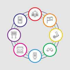 8 colorful stroke icons set included app, scoreboard, stadium, tumbler, gloves, soccer player, flag, player substitution