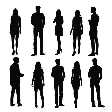 Vector silhouettes men and women standing, different poses,  business  people group,  black color, isolated on white background