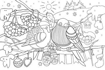 Christmas coloring book for children, birds on branches and clusters of mountain ash, cartoon characters, vector illustration