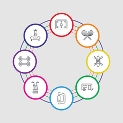 8 colorful stroke icons set included jumping, dumbbell, golf, climbing, camper, kayak, tennis racket, billiard