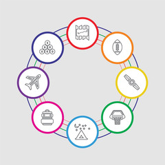 8 colorful stroke icons set included billiard, traveling, hiking, camping, basketball, watches, rugby ball, map