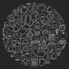 Vector pattern with school icons with little students. Children study chemistry, creativity, mathematics, physics, algebra, geometry, biology, geography, astronomy.