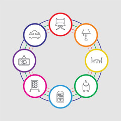 8 colorful stroke icons set included bed, frame, dresser, bookshelve, kitchen sink, table with chair, lamp, chair