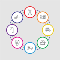 8 colorful stroke icons set included kitchen furniture, lamp, chair, bed, sofa, shelves, bunk bed, stool