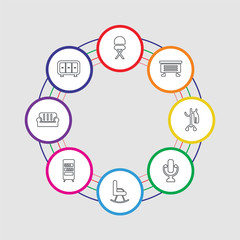 8 colorful stroke icons set included wardrobe, sofa, bookcase, rocking chair, mirror, coat stand, dresser, stool