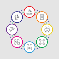 8 colorful stroke icons set included wi gloves, blaster, teleportation, smart clothing, drone, jetpack, smartphone, hologram