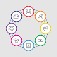 8 colorful stroke icons set included augmented reality, drone, robot arm, 3d printer, electric car, artificial intelligence, nanotechnology, drone