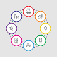 8 colorful stroke icons set included cityscape, hologram, smartphone, flying car, cloning, startup, residential, truck