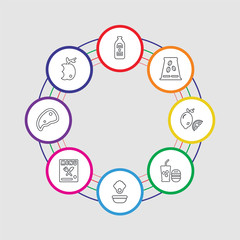8 colorful stroke icons set included apple, steak, menu, oyster, fast food, lemon, coffee beans, gin