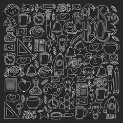 Vector pattern with school icons with little students. Children study chemistry, creativity, mathematics, physics, algebra, geometry, biology, geography, astronomy.