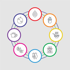 8 colorful stroke icons set included apple, teapot, biscuit, radish, scale, soup, nut, onion