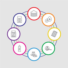 8 colorful stroke icons set included pickles, peanut butter, pepper, bread, sausage, bacon, avocado, pancakes