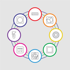 8 colorful stroke icons set included circle, spray, vertical alignment, paint palette, square, spiral, cube, ruler
