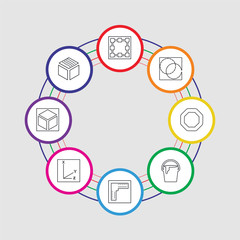 8 colorful stroke icons set included cube, cube, coordinates, ruler, bucket, polygon, background, bounding box