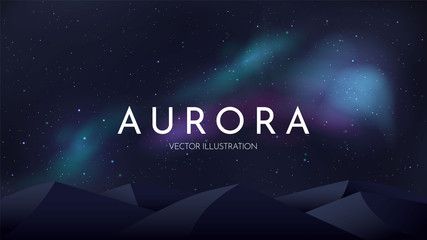 Abstract vector illustration. Minimalistic concept. Night sky with aurora borealis. Text behind the flat mountains. Realistic landscape. Dark wallpapers. Template for website or game. Panoramic banner - obrazy, fototapety, plakaty
