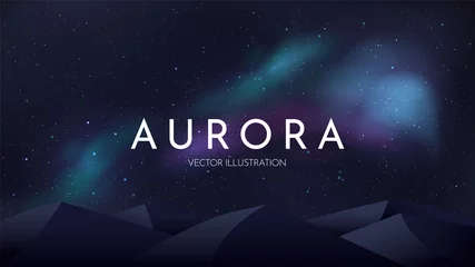 Fotobehang Abstract vector illustration. Minimalistic concept. Night sky with aurora borealis. Text behind the flat mountains. Realistic landscape. Dark wallpapers. Template for website or game. Panoramic banner © VVadi4ka