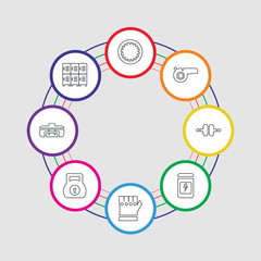 8 colorful stroke icons set included lockers, sport bag, kettlebell, glove, pills, wheel, whistle, hoop