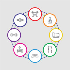 8 colorful stroke icons set included belt, barbell, fitness bench, dumbbell, rope, mat, water machine, bench press