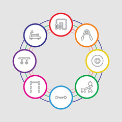 8 colorful stroke icons set included treadmill, rings, pull up bar, dumbbell, weight, weight, hand grip, jumping rope