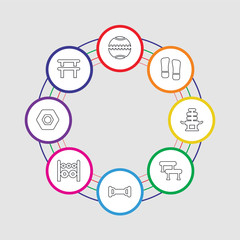 8 colorful stroke icons set included gym, weights, weights, chest expander, barrels, machine, step, medicine ball