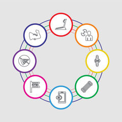 8 colorful stroke icons set included muscle, pizza, gym, phone, chest expander, smartwatch, boy, treadmill