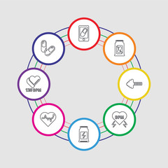 8 colorful stroke icons set included pills, muscle, beat, proteins, beat, dumbbell, pills, phone